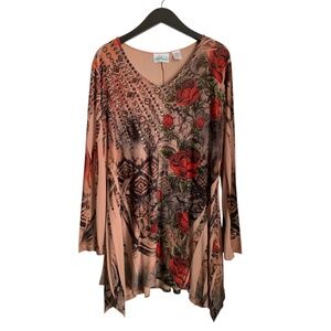 Patchington Women's Tunic Top XL Roses Embellished Tattoo Design Blouse Shirt